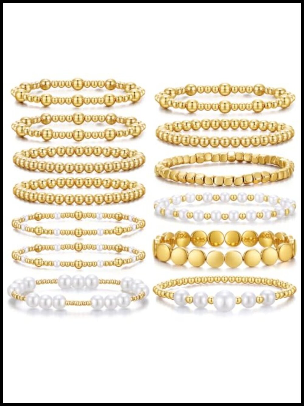 Stackable Stretch Beaded Bracelets Set 13 Piece Gold Faux Pearls Jewelry Women